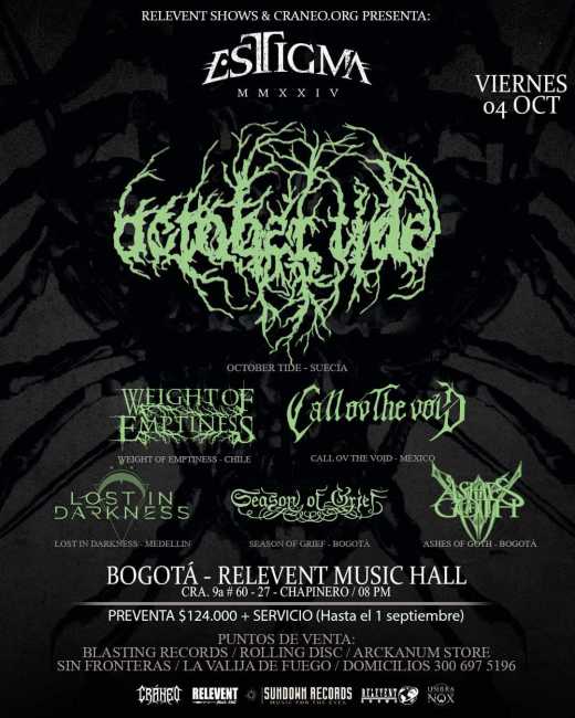 Flayer evento October Tide en Bogotá 